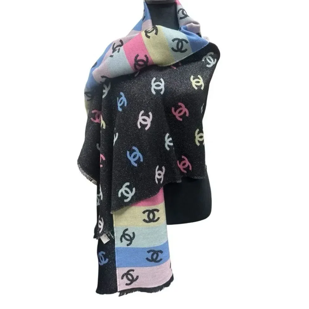 NWT Chanel Rainbow Shine Reversible CC Logo Cashmere Wool Silk Wrap Scarf 2024